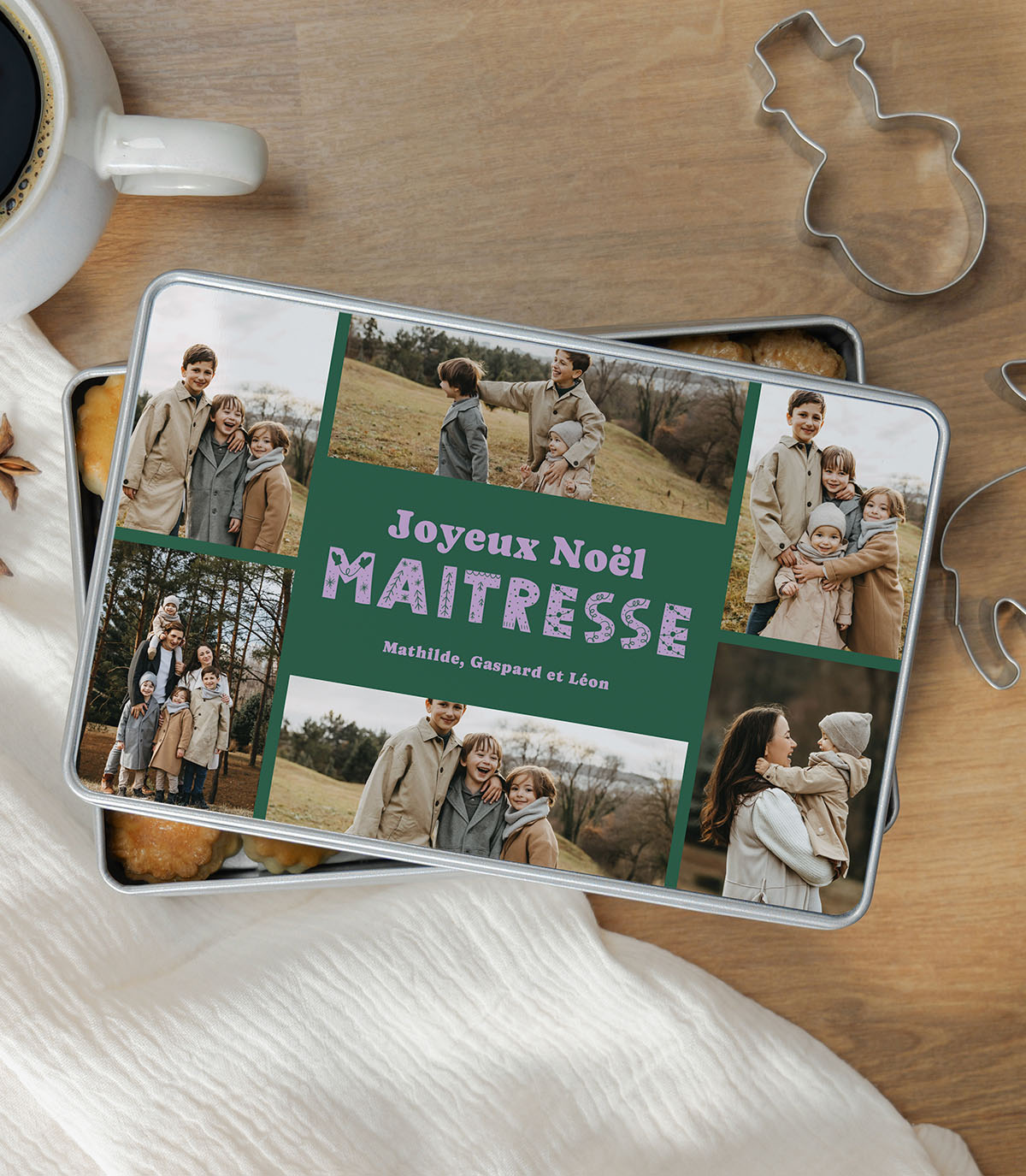 Boîte personnalisée avec 6 photos et message "Joyeux Noël Maîtresse"