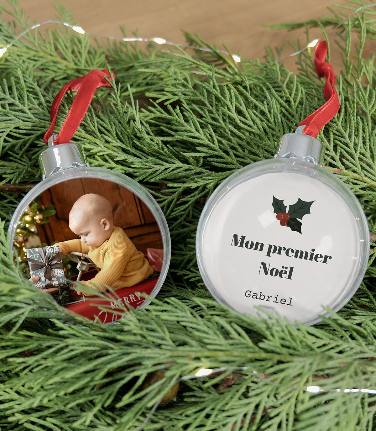 Boule de Noël personnalisée avec photo de bébé et message mon premier noel personnalisé.