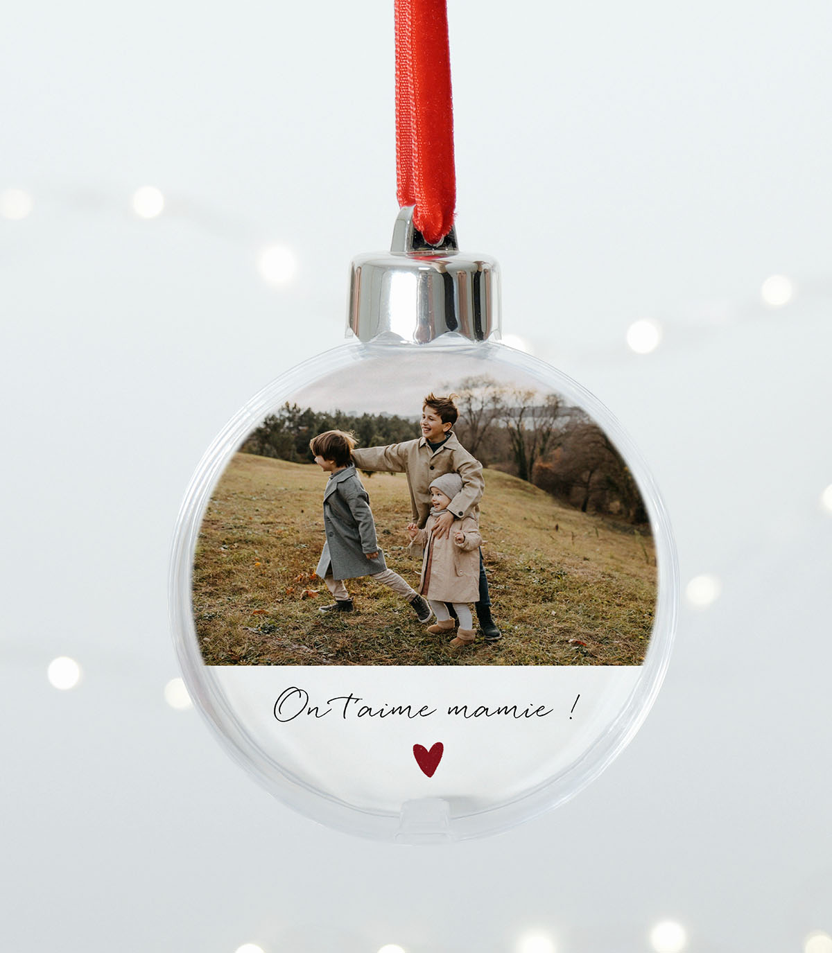 Boule de Noël personnalisée avec message d'amour et deux photos d'enfants