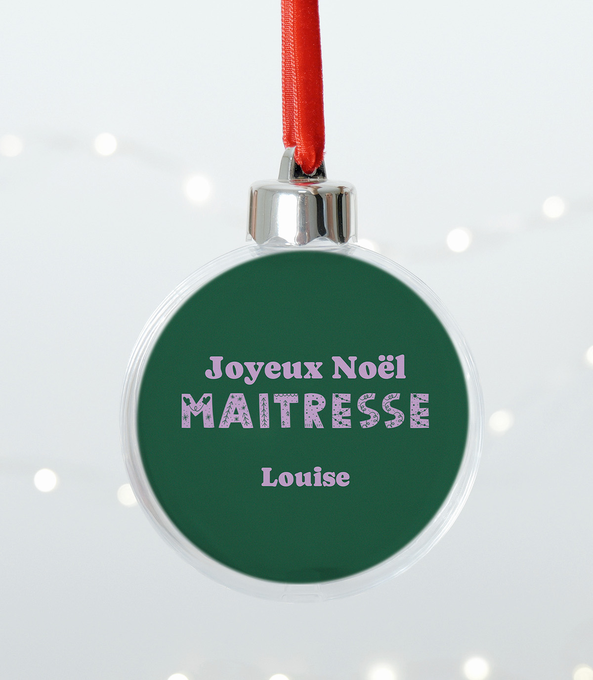 Boule de Noël personnalisée "Pour Maitresse" avec message de Noël et photo d'un enfant.