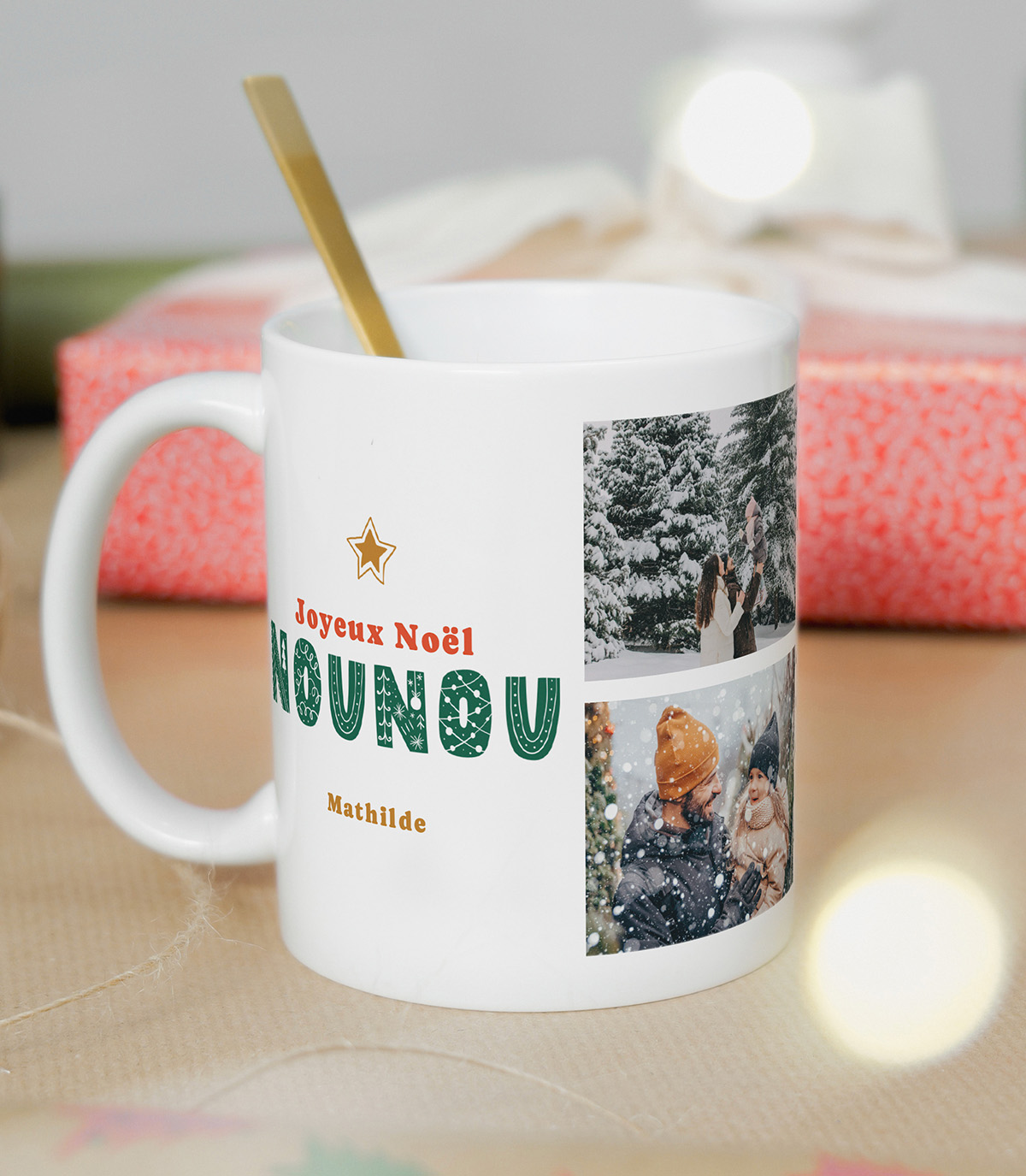 Mug blanc avec 3 photos d'un enfant souriant avec sa nounou et un texte "Joyeux Noël Nounou"