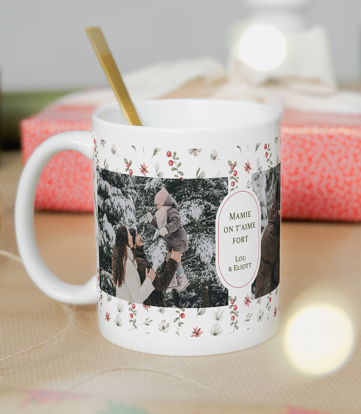 Un mug motif floral hivernal et 2 photos