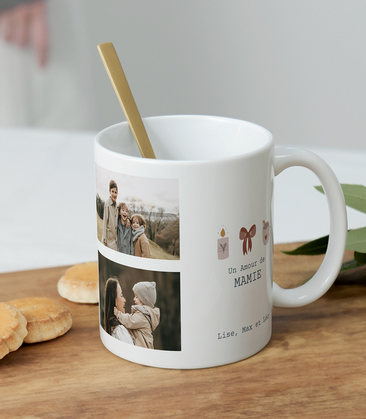 Tasse personnalisée Mamie d'Amour avec 3 photos d'enfants et illustrations de Noël, idéal comme cadeau pour Mamie