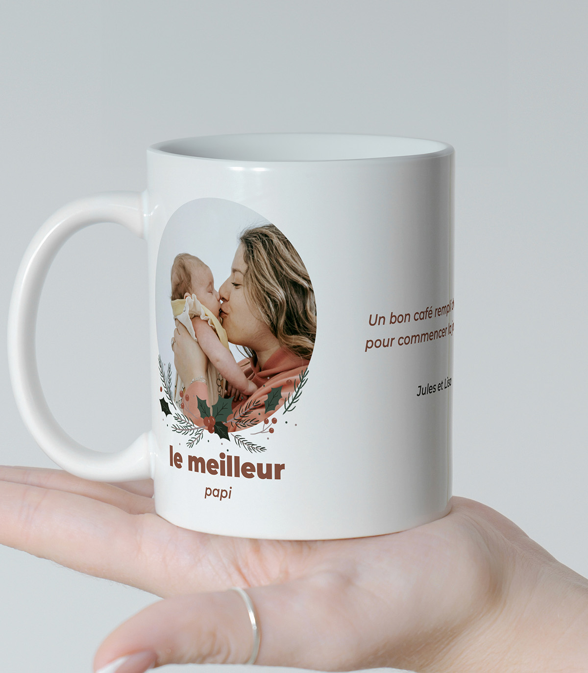 Tasse personnalisée avec photo : Cadeau idéal pour Noël. Mug en céramique avec une photo de famille et un message personnalisé