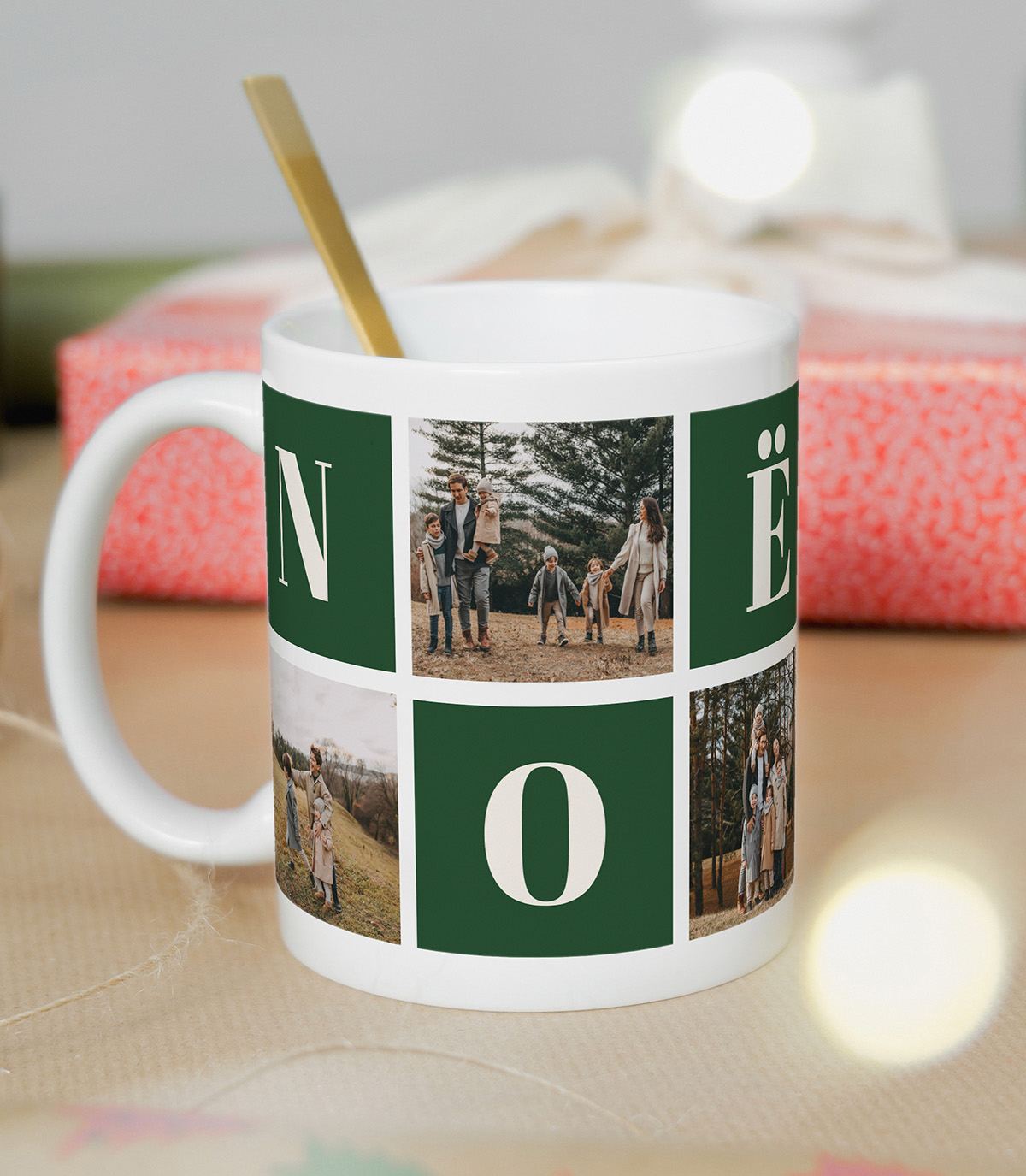 Mug personnalisé Noël avec photos de famille et lettres entrelacées "NOËL". Cadeau idéal pour les fêtes de fin d'année.